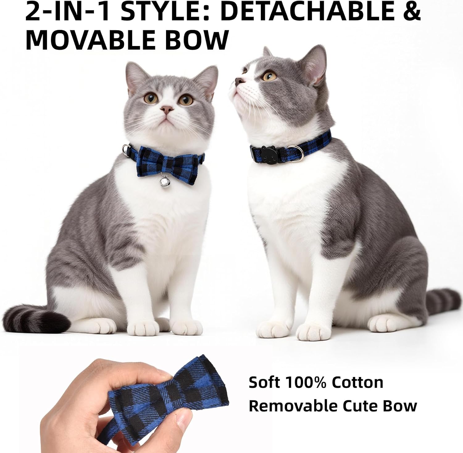 Plaid Breakaway Cat Collar with Bell & Removable Bow Tie – Cotton Kitten Collar with Bells for Boy Cats or Small Dogs. Adjustable Size 7.5-12.2in (3, Red/Green/Navy) image 3