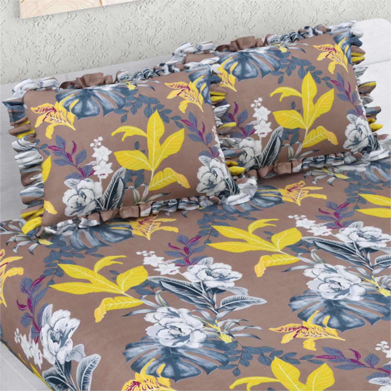 Dream Weaverz- Polycotton Printed Double Bed Size Fitted Elastic Bedsheet,2 Pillow Cover,260 Thread (72" x 78"x7") Home, Bedroom (Brown-Yellow, King)