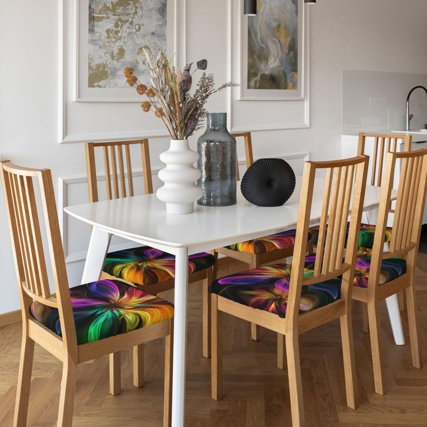 Colored Flower Print Square Cushion Covers 6 Pcs Set Elastic Non-Slip Seat Cushion Slipcovers Pet Furniture Protectors for Chair, Sofa
