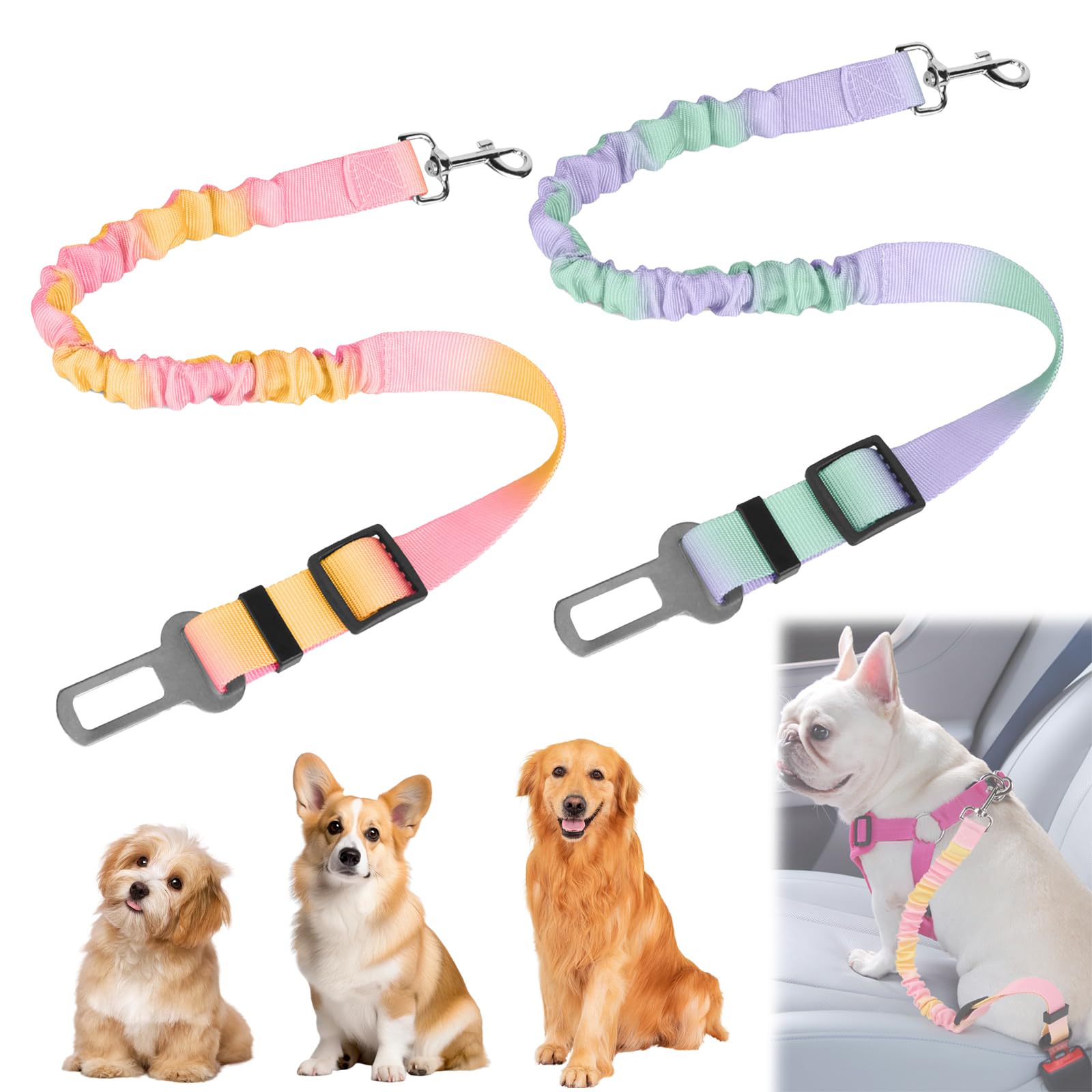 2 Pièces Ceinture Chien Voiture, Réglable Ceinture Securite Chien Voiture, Élastique Attache Chiens Voitures, Couleur Dégradée Laisse Voitures pour Chiens