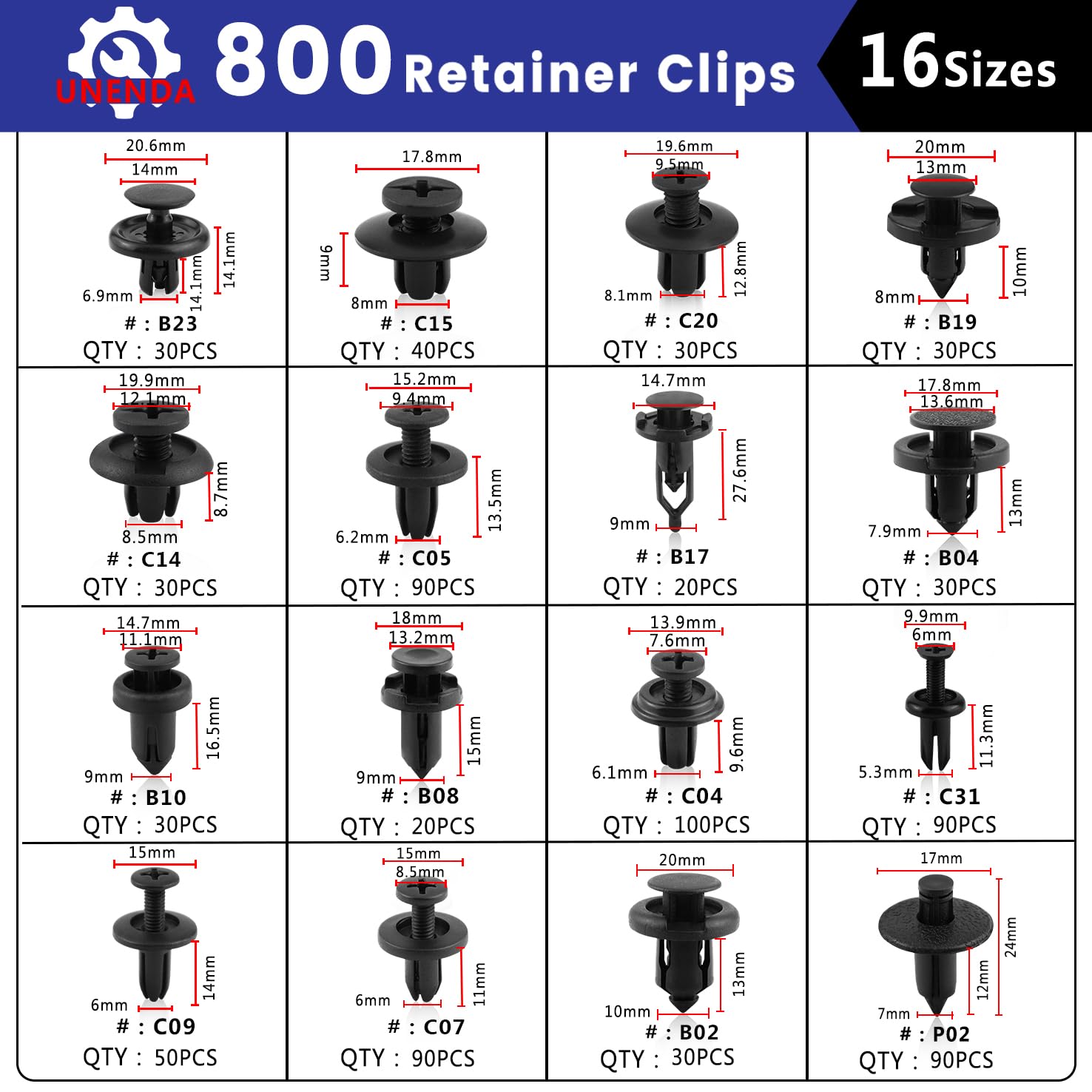 Car Push Retainer Clips 802PCS Auto Fasteners Assortment-16 Most Popular Sizes Nylon Bumper Fender Rivets with Blue Fastener Remover Panel Clip Pliers for Ford GM Toyota Honda Chrysler Benz Nissan