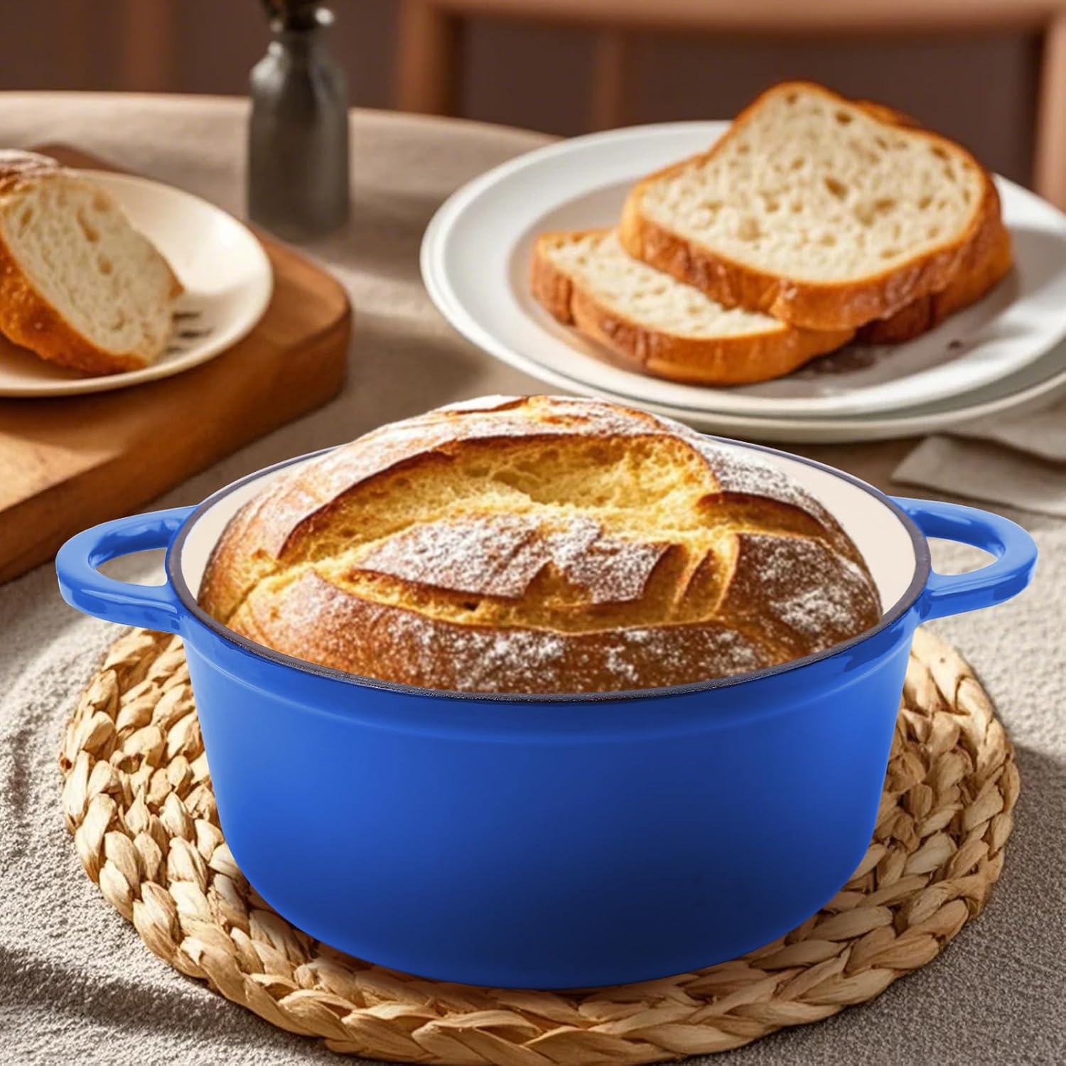 6 Quart Enameled Cast Iron Dutch Oven Pot with Lid and Silicone Accessories, Oven Safe up to 500°F or on Stovetop, Non-stick Dutch Oven for Bread Baking, Cooking, Dual Handles Cookware, Blue