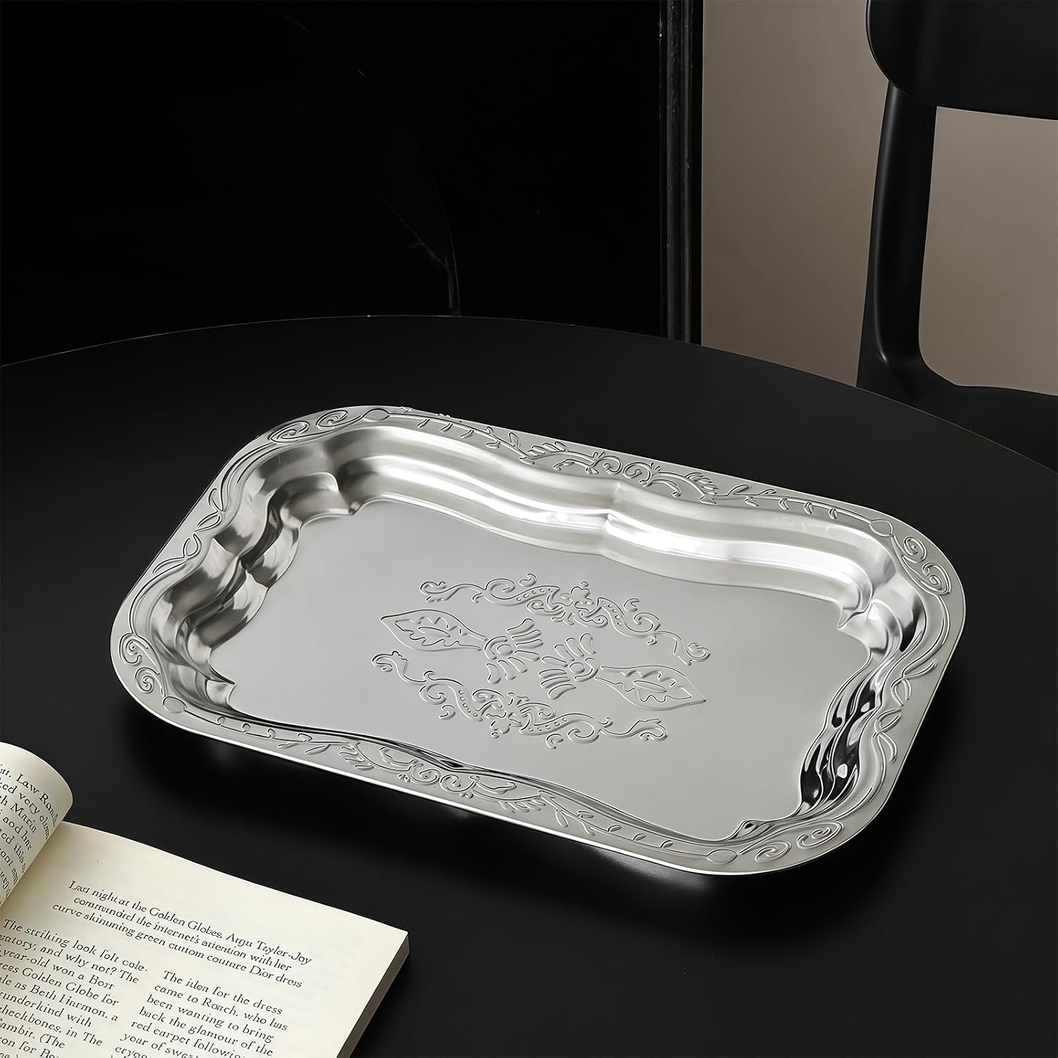 Metal Food Tray Stainless Steel Floral Engraved Party Platters for Displaying Fruits Dessert and Cupcakes Wedding Decors Metal Engraved Serving Tray