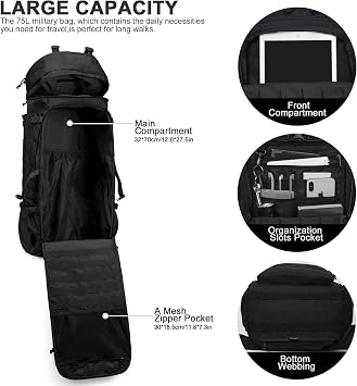 Mardingtop 75L Backpack Tactical Backpack Hiking Backpack Trekking Backpack YKK Zipper Large Capacity