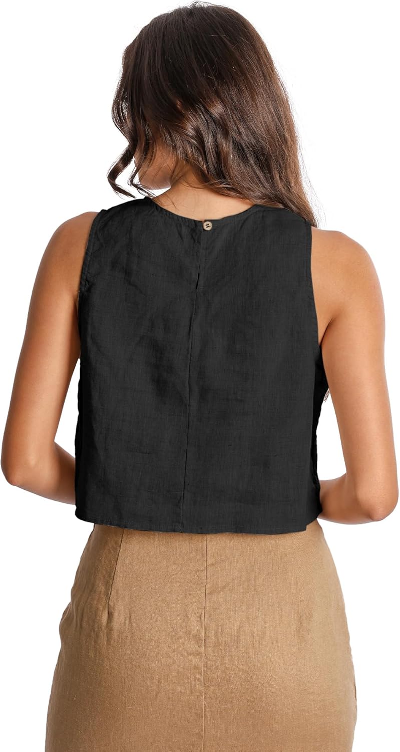 Women 100% Linen Tank Top Cropped Sleeveless Round Neck Casual Pure Linen Tops - Image 3