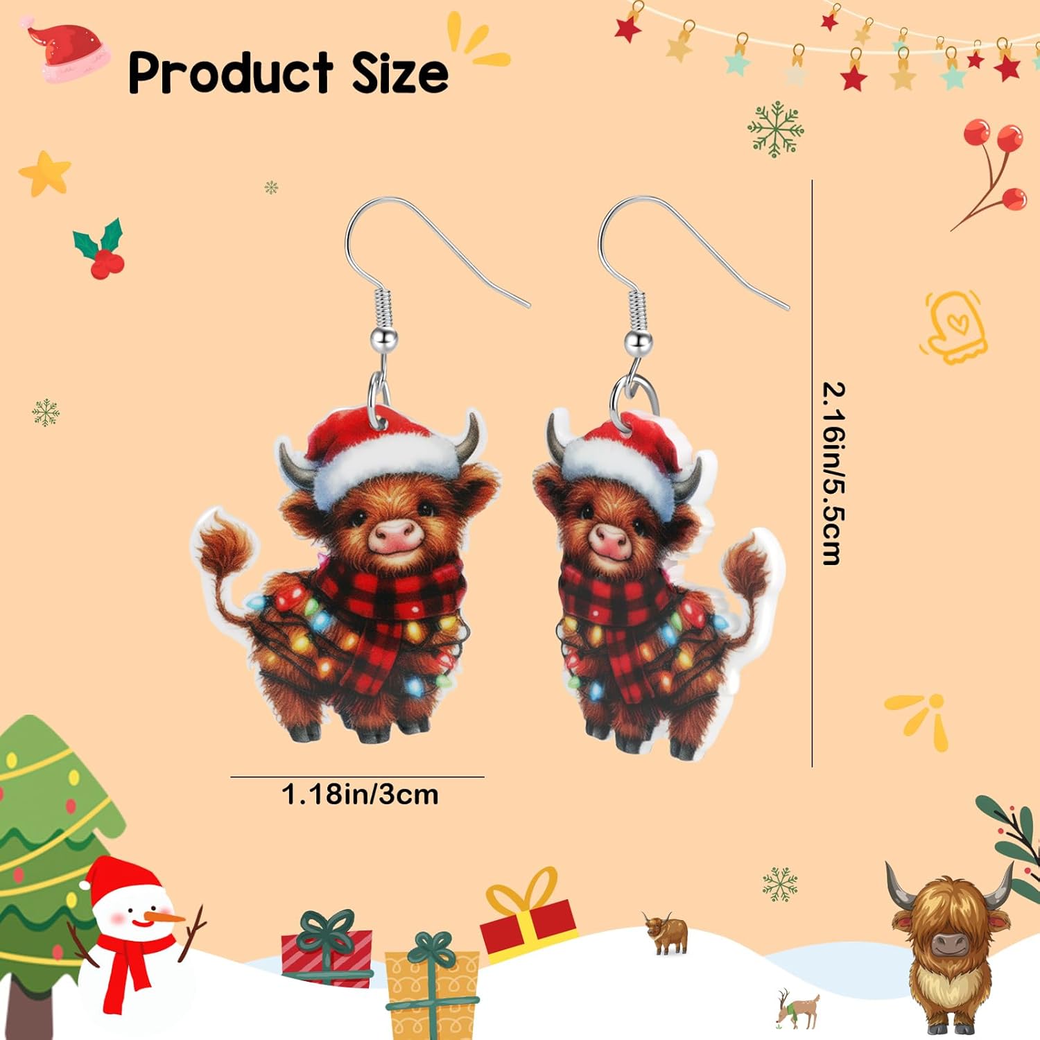 Funny Christmas Earrings for Women Cute Xmas Highland Cow Acrylic Dangle Earrings Christmas Jewelry Gifts Party Outfits Accessories (Green) - Image 2