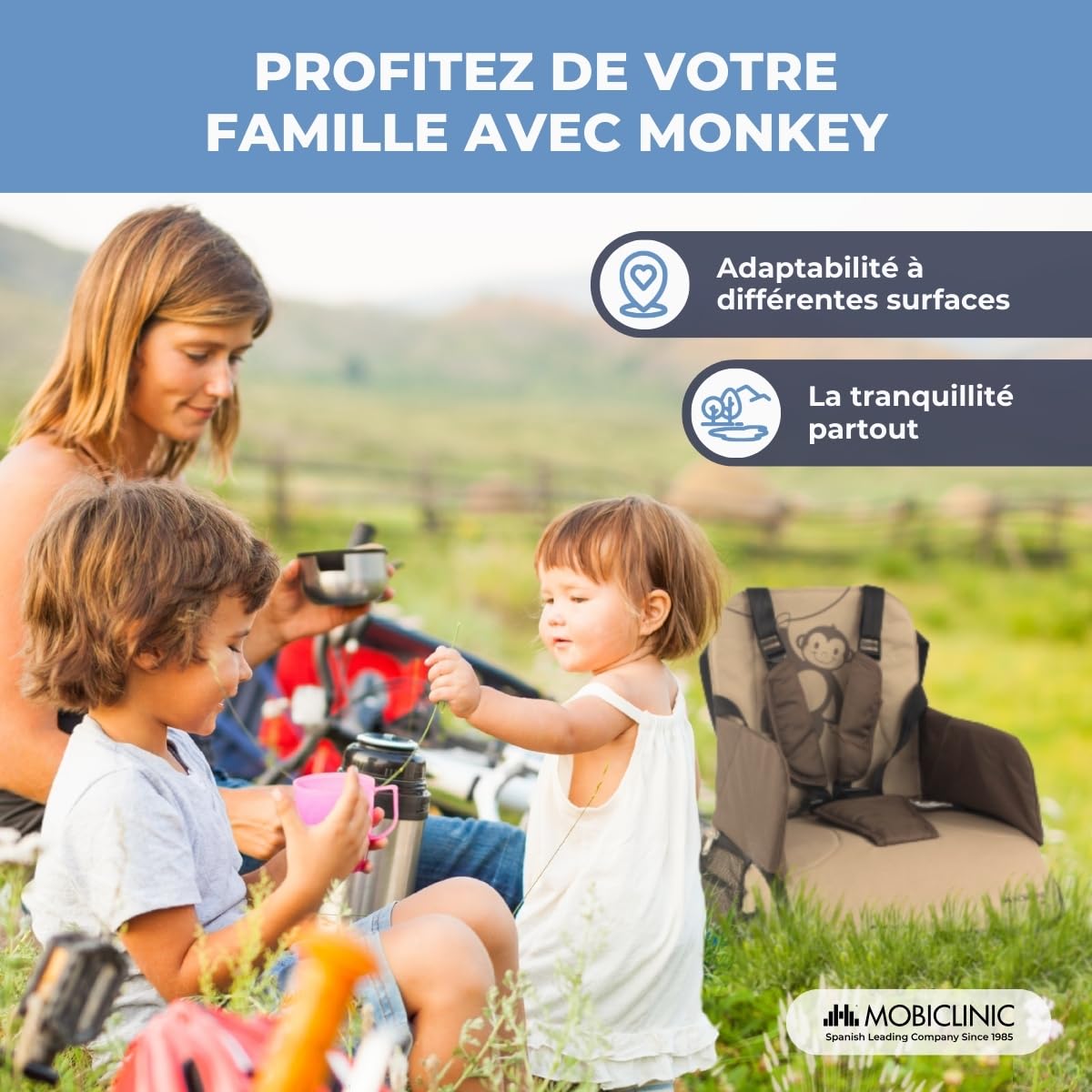 Mobiclinic®, Rehausseur Chaise Enfant, Pliable, avec Compartiments de Rangement, de 6 à 36 Mois, Jusqu'à 15 kg, Harnais Réglable à 5 points, Rehausseur pour Bébé, Idéale pour les Repas, Grise, Monkey
