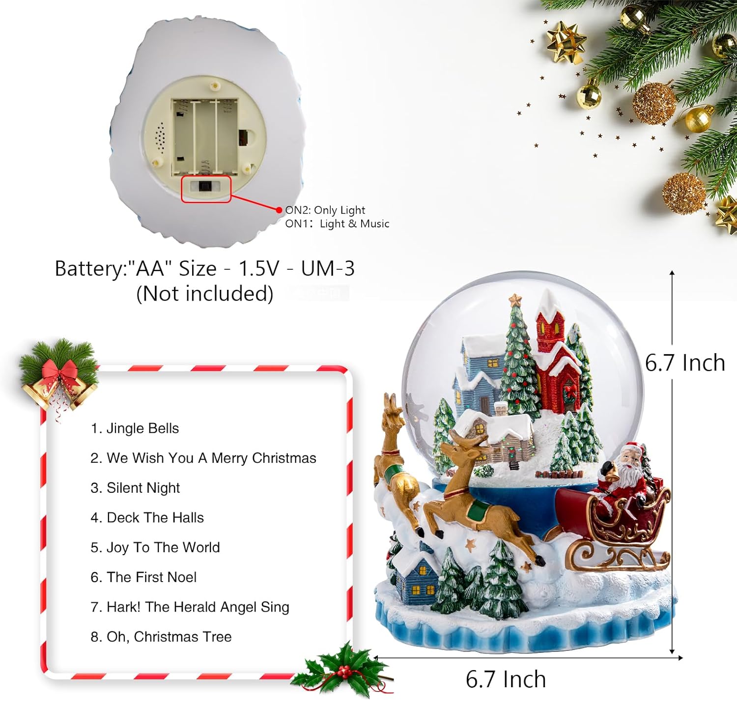 MUMTOP Christmas Snow Globe - Musical Snow Village Lantern With Elk, Snowman, Santa and Sleigh, Tree and Houses - Music Box for Birthday Gift