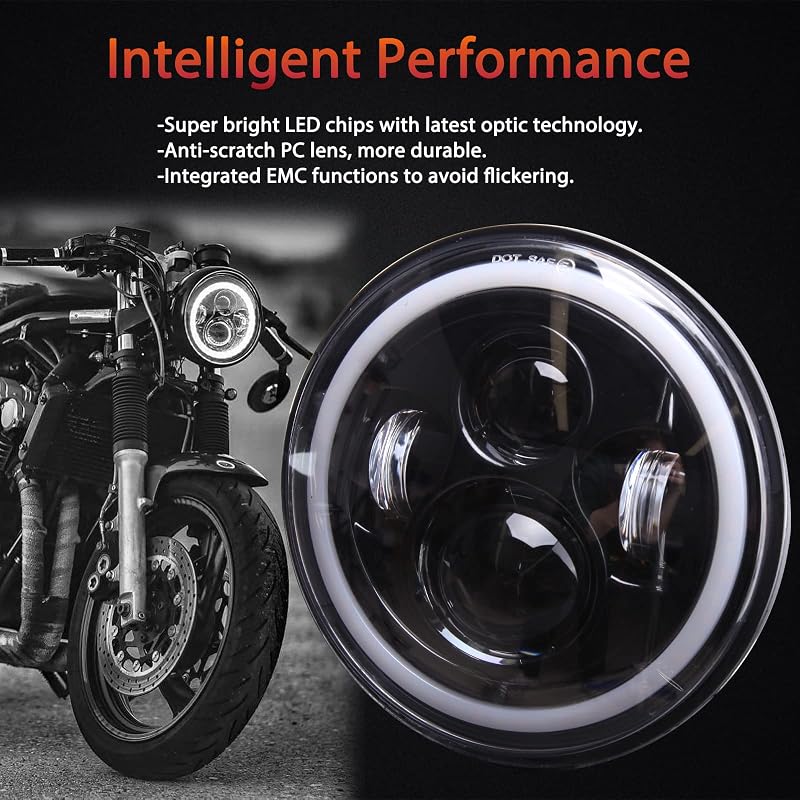 JMTBNO 7 Hüvelykes Motoros LED Fényszóró Kerek DRL Sárga Irányjelzővel Harley Jeep Kompatibilis