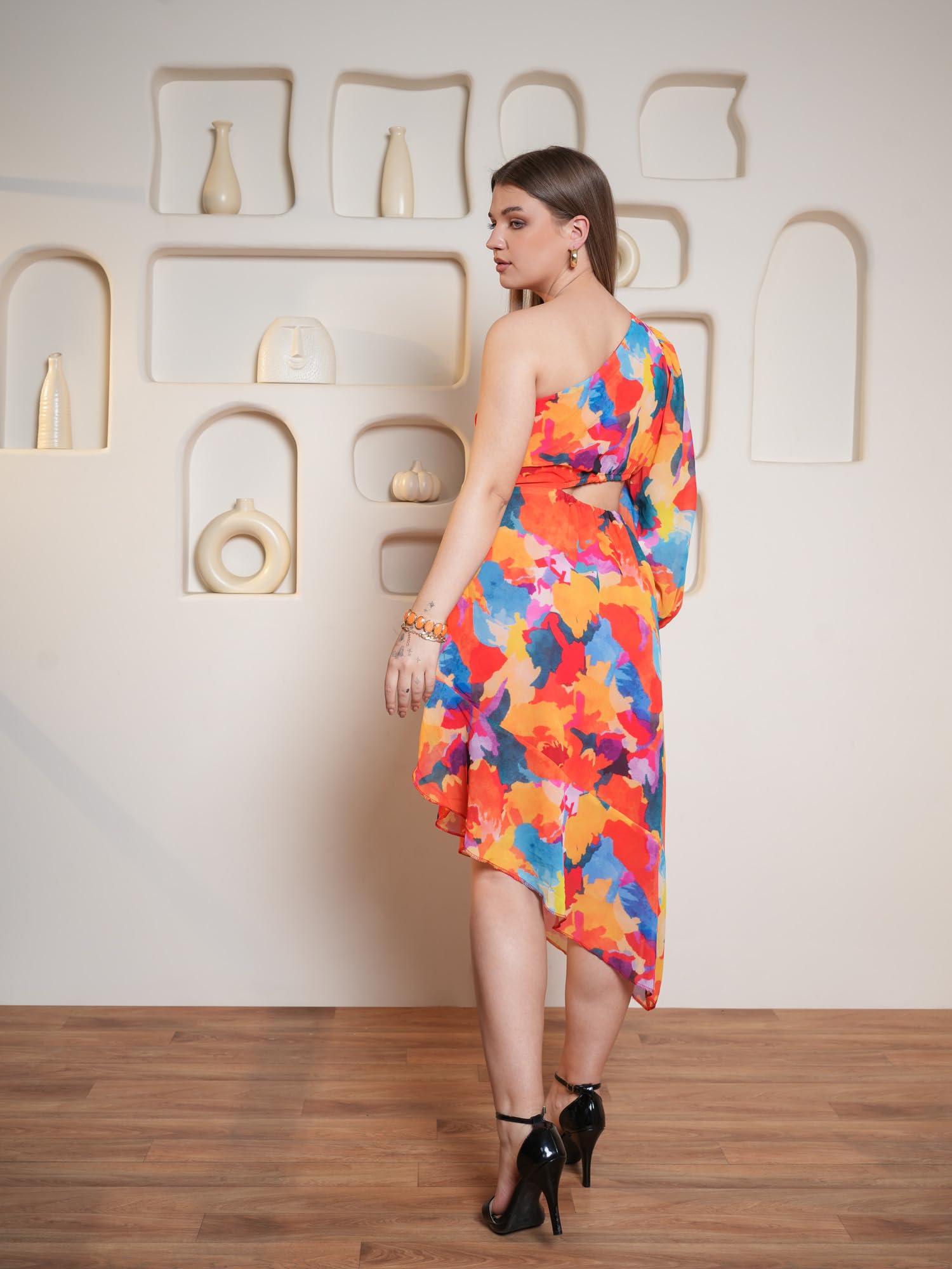 Purvaja Womens One Shoulder Below Knee Length Dress (Floe-032_Orange_Medium)