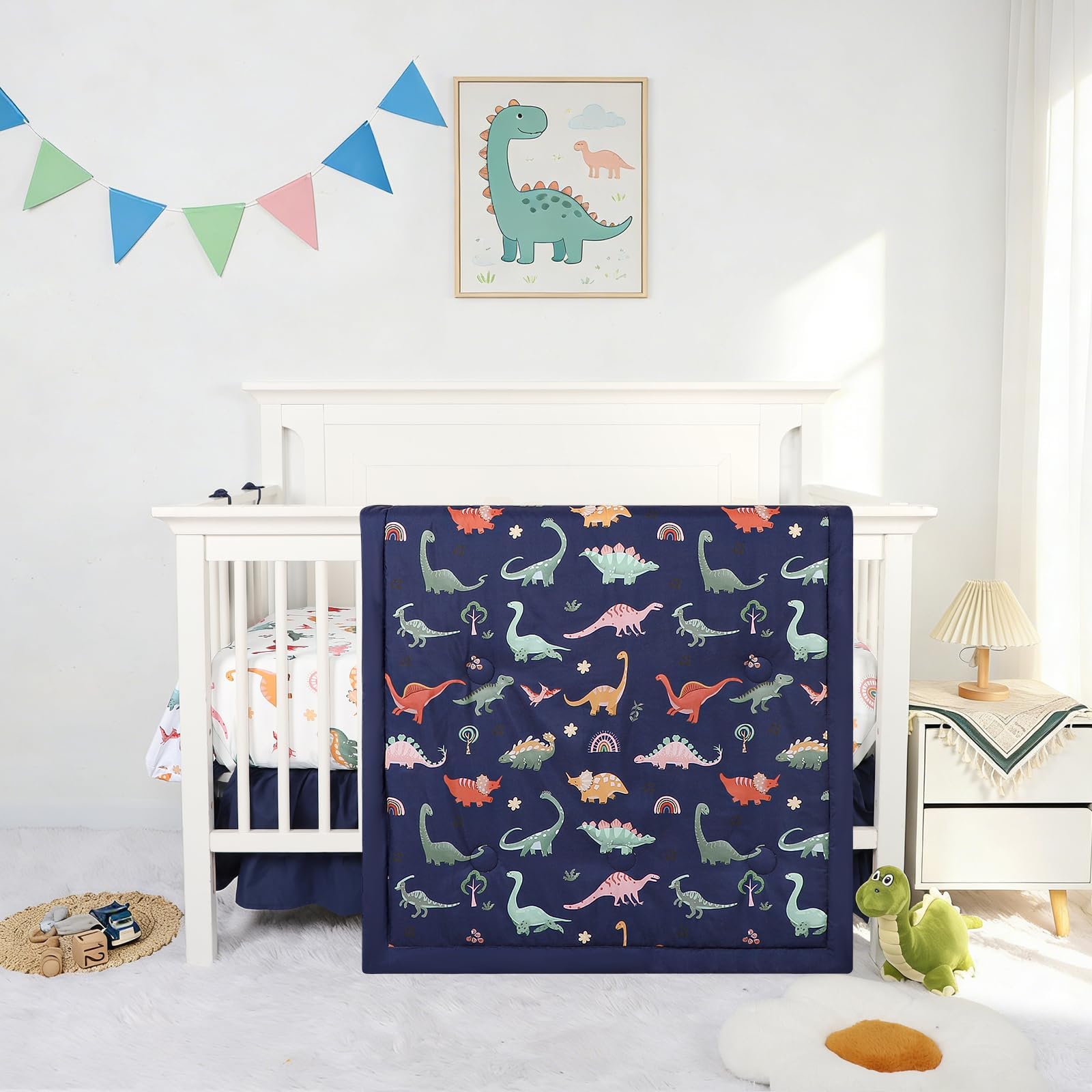 Crib Bedding Set for Boys, Baby Crib Bedding Set 4 Piece, Baby Boy Nursery Bedding Set Including Comforter, Fitted Crib Sheet, Crib Skirt, Diaper Stacker, Blue Dinosaur