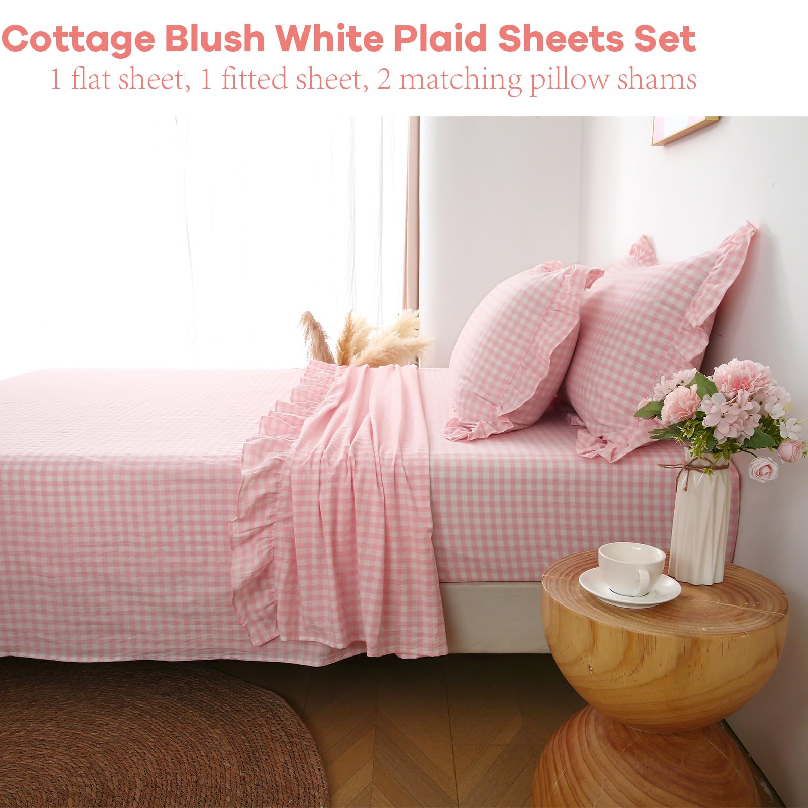 K MASANIJI Blush White Plaid Ruffle Gingham Sheets Full Size 4-Piece Set, 300TC 100% Yarn Dyed Cotton Sheets 18 in Deep Pocket Kids Preppy Decorative Bedding (Blush/White Plaid, Full)