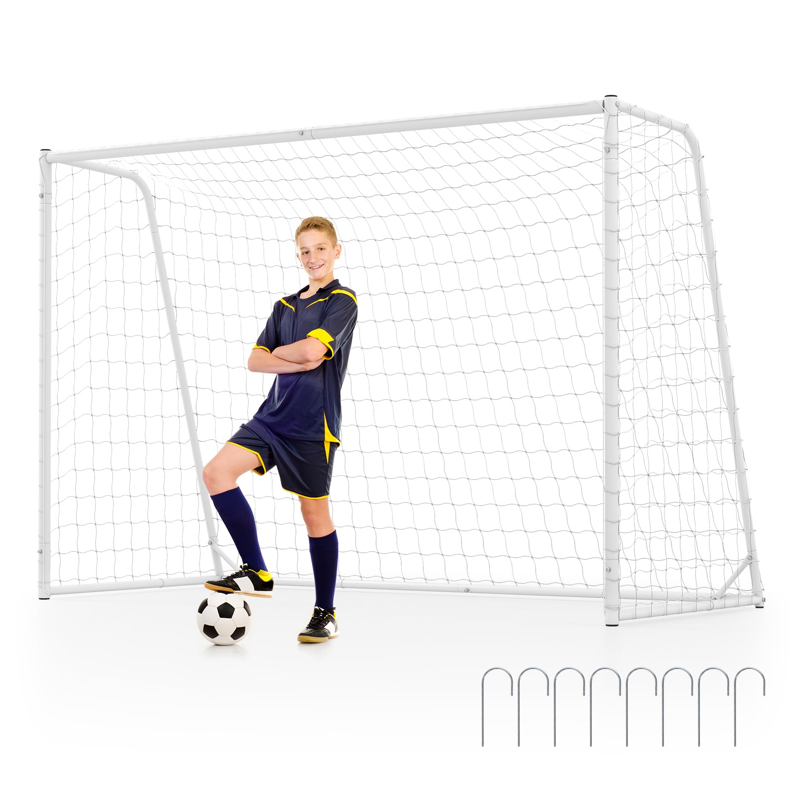 COSTWAY Porta da Calcio 300 x 204 cm con Telaio in Metallo, Rete in PE, 8 Picchetti e 16 Fascette, Facile Montaggio, Attrezzatura per Allenamento Calcio per Bambini, Giovani e Adulti