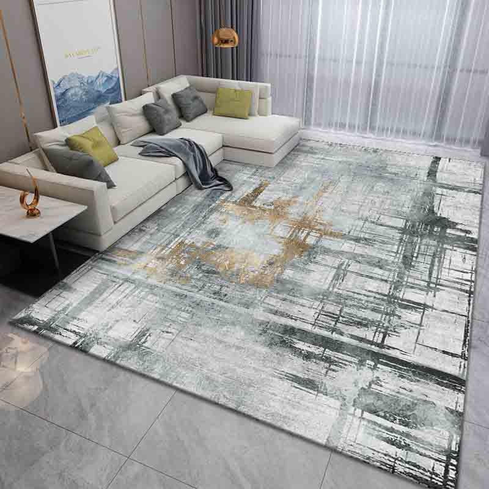 Rug salon chambre lavable anti-glisse grand tapis vert et or pour couloir sombre