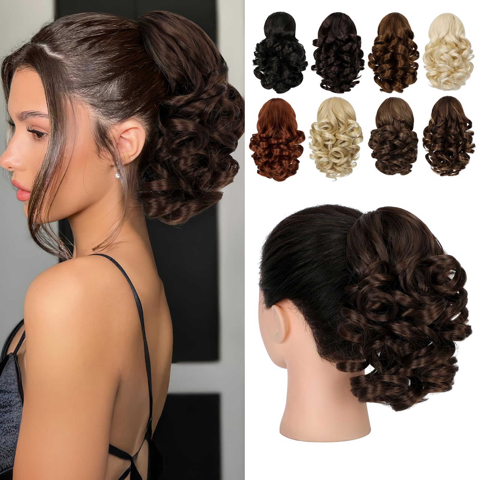 Photo 1 of Cephermer Ponytail Extension, 9" Claw Clip in Short Curly Wavy Pony Tails Hair Extensions Jaw Clip on Ponytail Hairpiece for Women Medium Brown Mix Light Brown