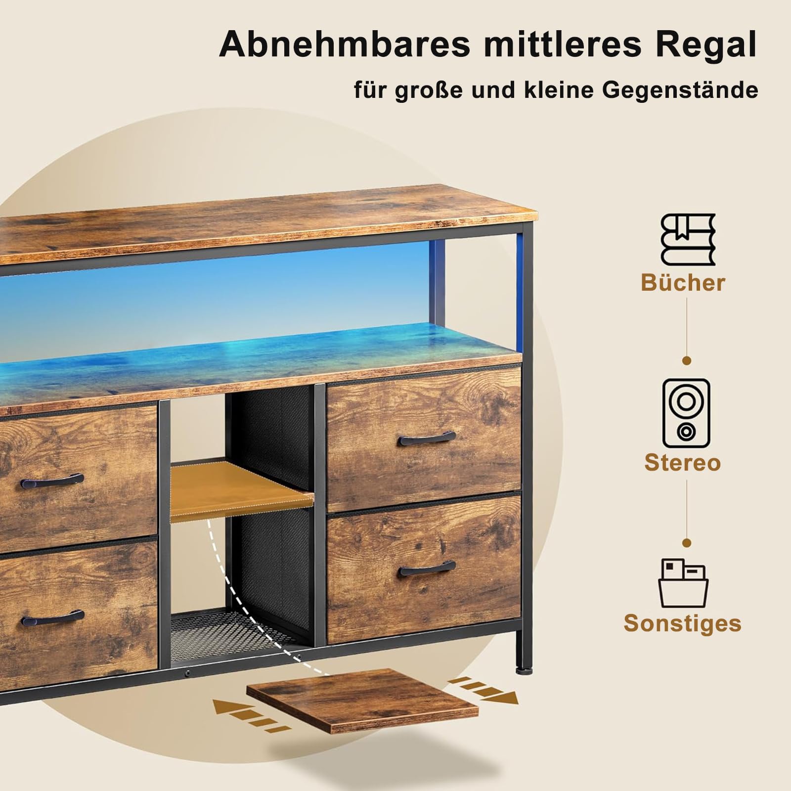 Mobile TV 137 cm con Luci a LED, 137 x 29,8 x 78 cm,Consolle TV Industriale con 4 Cassetti in Tessuto e Mensola Regolabile, Mobile TV con LED per Camera da Letto,Sala da Pranzo,Soggiorno