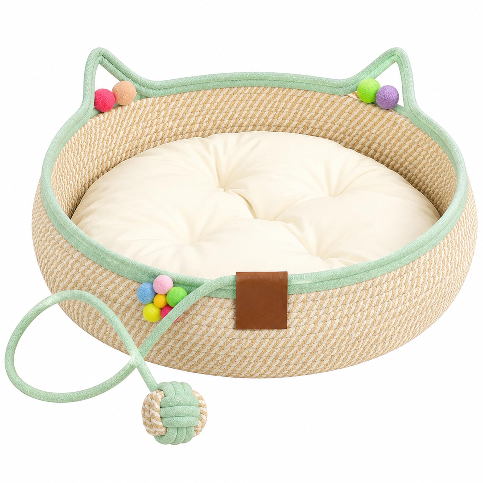 Cotton Rope Cat Bed Basket, Cat Basket, Woven Cat Bed，Green：M