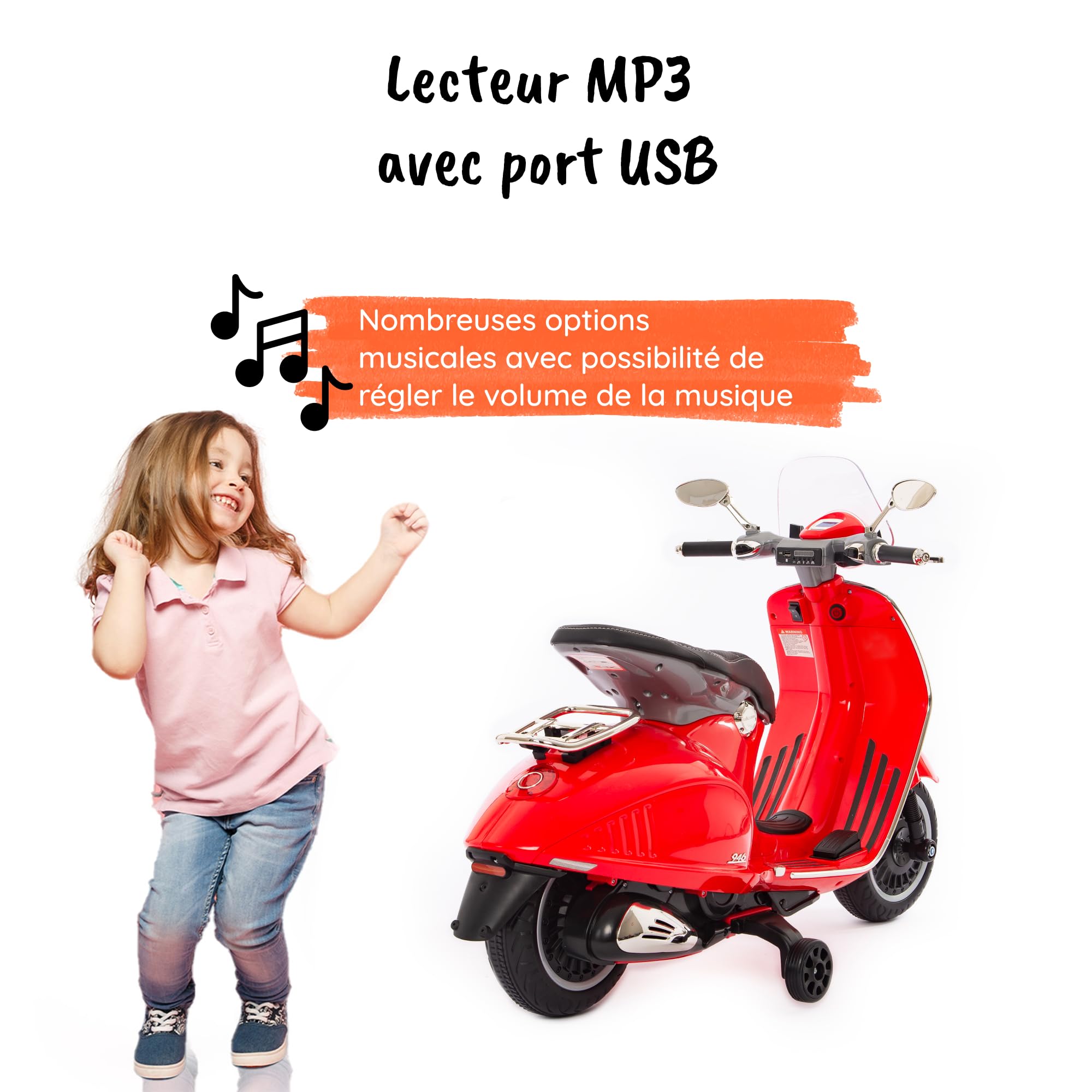 BabyCar Vespa Electrique Enfants | Moto Electrique Enfants 12V Style Vespa 946 avec Lumières, Sons Intégrés, MP3/USB et Roues Stabilisateur | 2 Moteurs de 25W avec Accélérateur à Pédale | Rouge