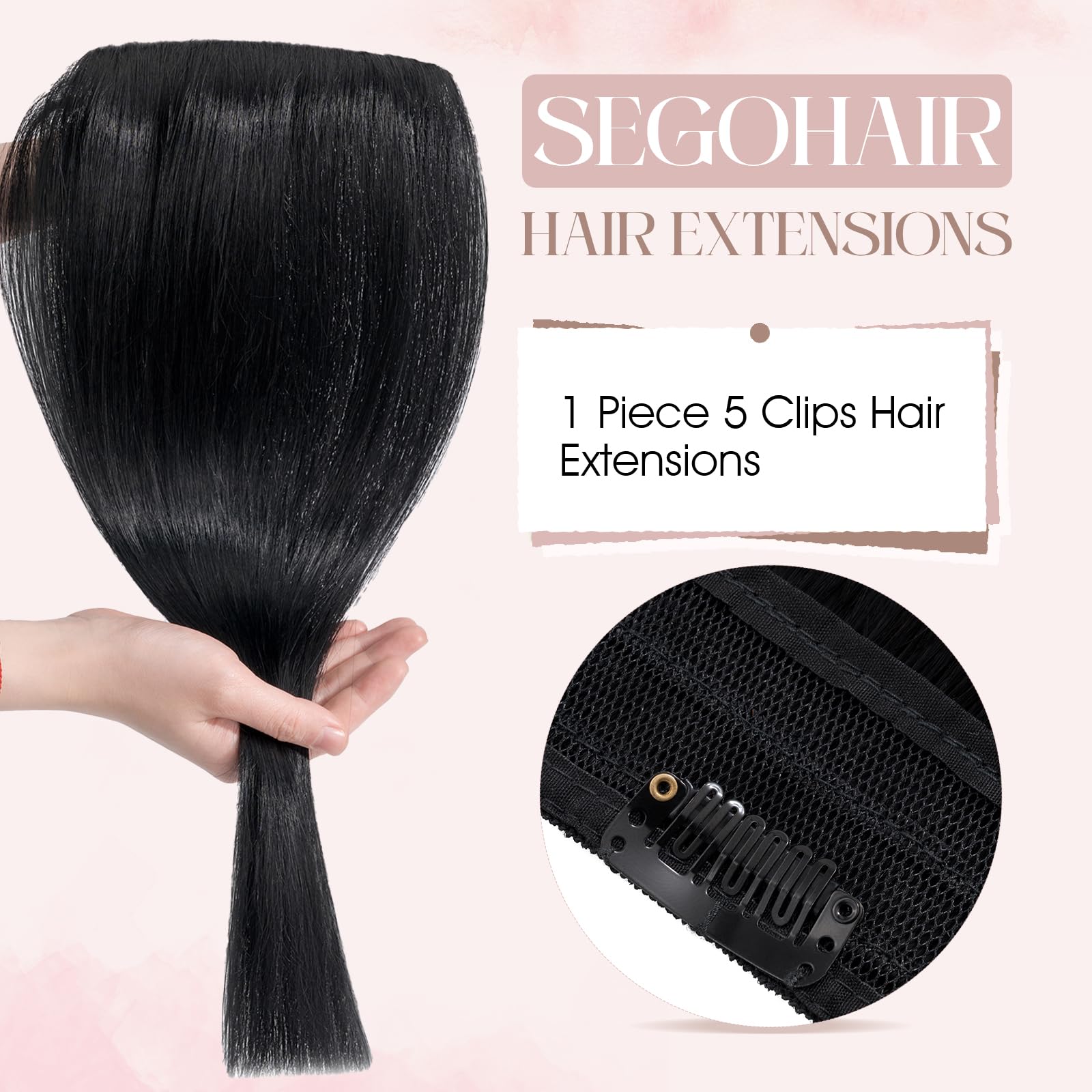 SEGOHAIR Clip in Hair Extensions Real Human Hair, 18" Hair Extensions Clip in One Piece 5 Clips Remy Seamless (50g) Jet Black - Image 2