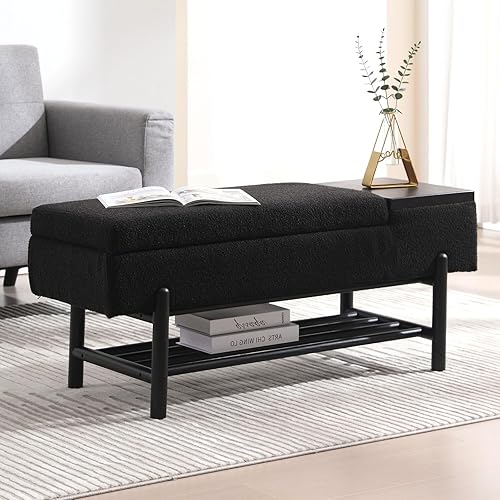 Banco de sherpa negro para dormitorio, extremo de la cama, banco otomano de almacenamiento tapizado, banco de almacenamiento moderno con asiento