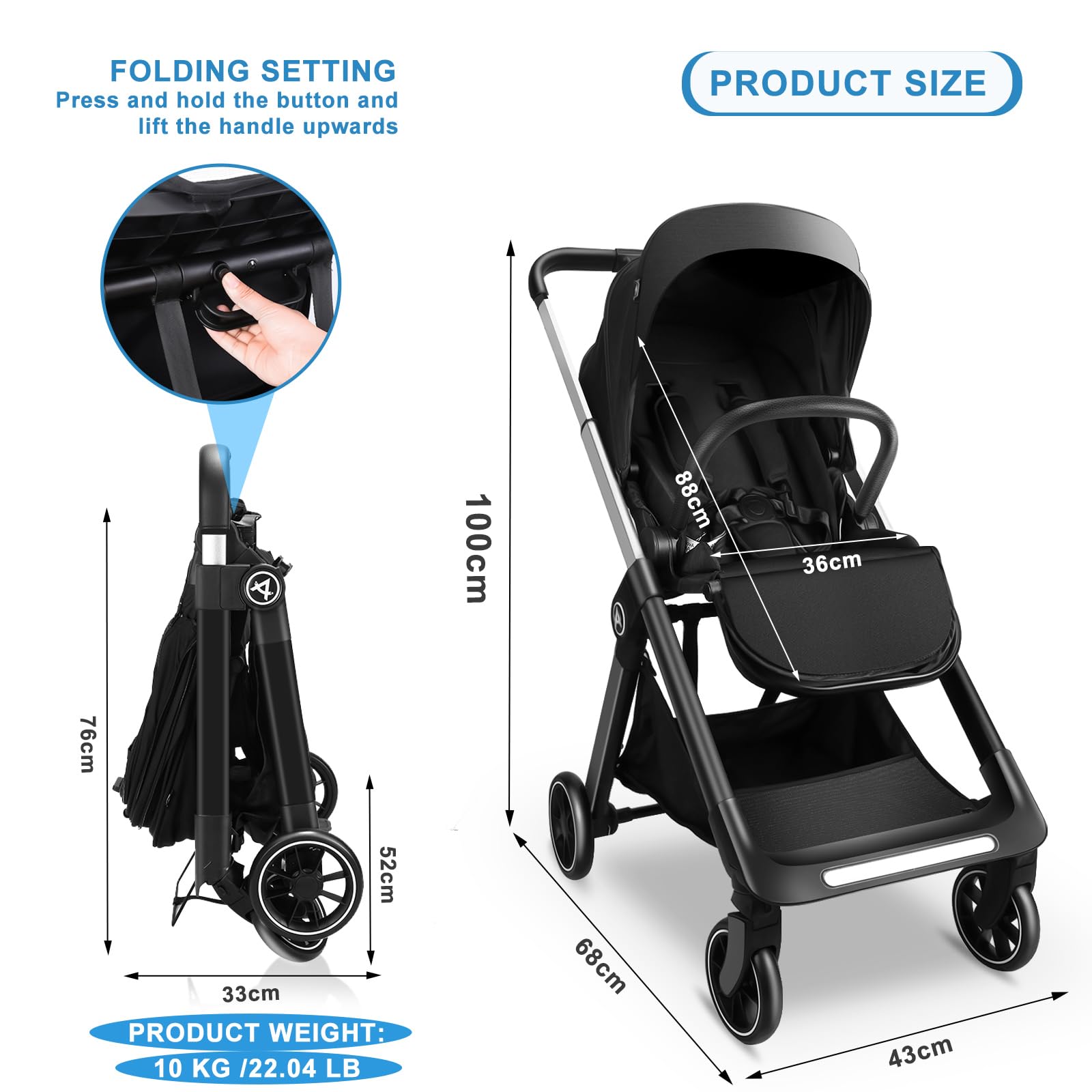 Poussette Réversible Pliable pour Bébé 0-3 Ans 4 Roues Amortisseurs Max 22 kg