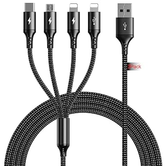 كابل شاحن USB متعدد 2Pack [4A،10ft] كابل شحن سريع USB 4 في 1 مع محول منافذ IP/Type C/Micro USB للهاتف 17/16/15/14/13/12/11/X/8/7/6/سامسونج/بيكسل/HTC/LG/هواوي/سوني/الأجهزة اللوحية.