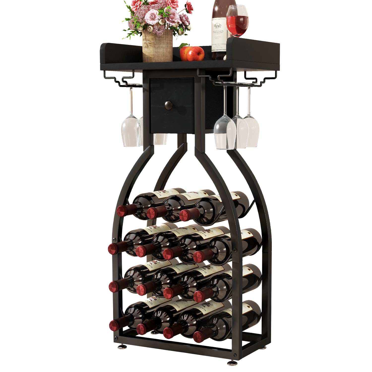 IBUYKE Wine Rack Freestanding Floor,Wine Storage 15 Bottles Bottle Rack with Glass Holders, Mini Bar Wine Cabinet with Storage Drawer for Home Bar Kitchen Dining Room,Black,TMJ908B โ image 1