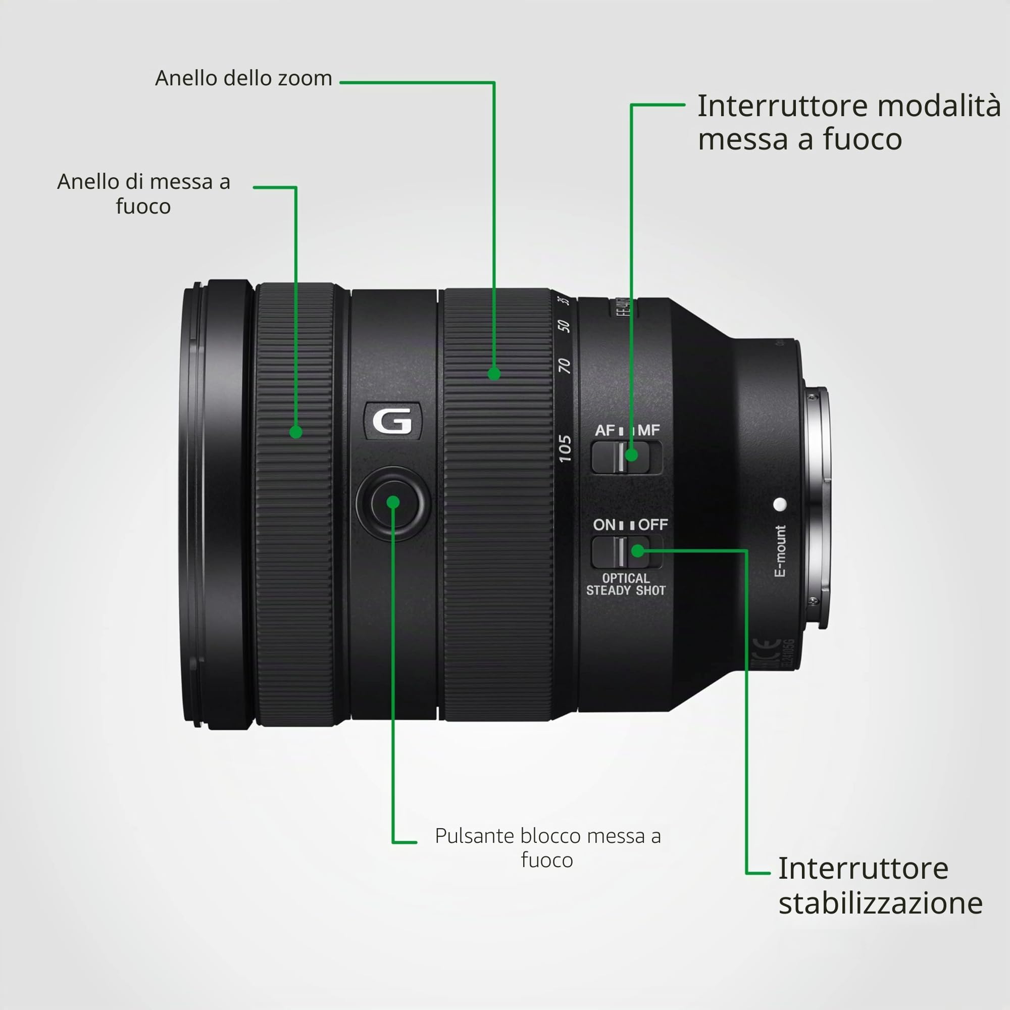 Sony SEL24105G – Obiettivo zoom standard 24–105 mm F4 G OSS per full frame e APS-C (attacco E-Mount, ideale per l'uso quotidiano e i viaggi, compatibile con la serie A7, ZV-E10, A6400, A6700)