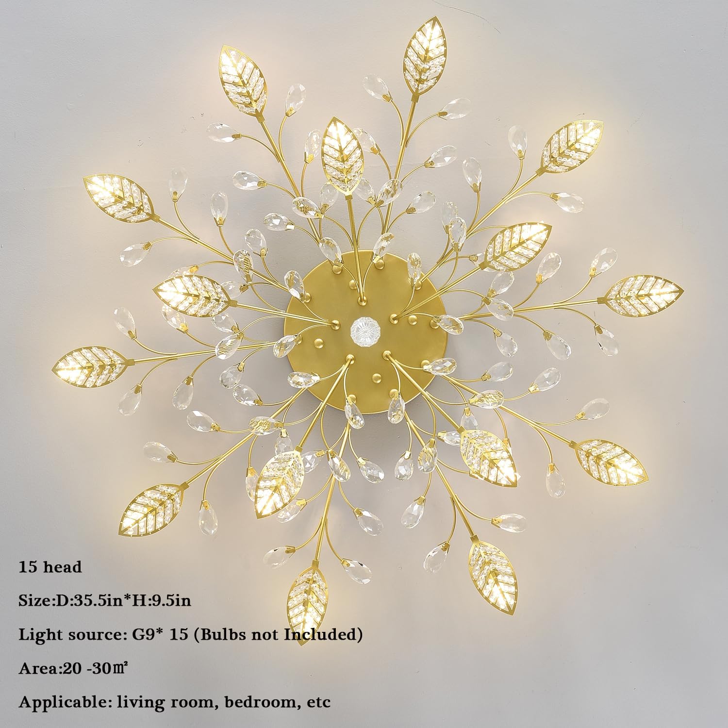 Modern Crystal Ceiling Light Fixture,Gold Semi Flush Mount Chandeliers,Crystal Leaf Ceiling Lighting,Pendent Lamp for Dining Room,Living Room,Bedroom