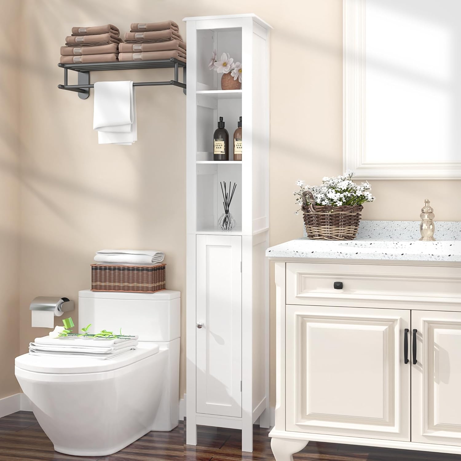 Tall Bathroom Storage Cabinet, Slim Bathroom Storage Cabinet with Adjustable Shelves, Freestanding Narrow Linen Cabinet for Small Spaces