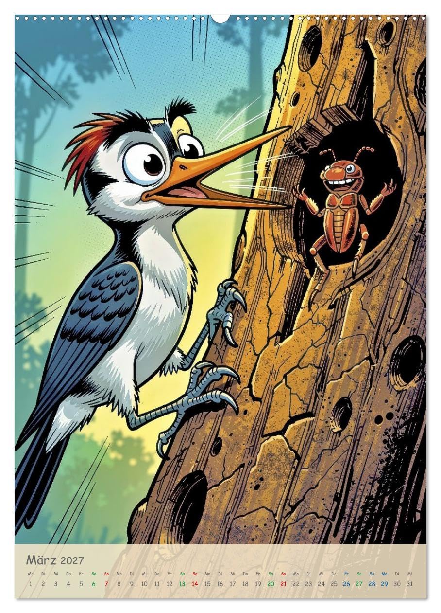 Lustige Buntspechte - Comic (hochwertiger Premium Wandkalender 2027 DIN A2 hoch), Kunstdruck in Hochglanz: Ob sie gerade fröhlich auf Bäumen trommeln, ... garantiert für gute Laune. (CALVENDO Spass)
