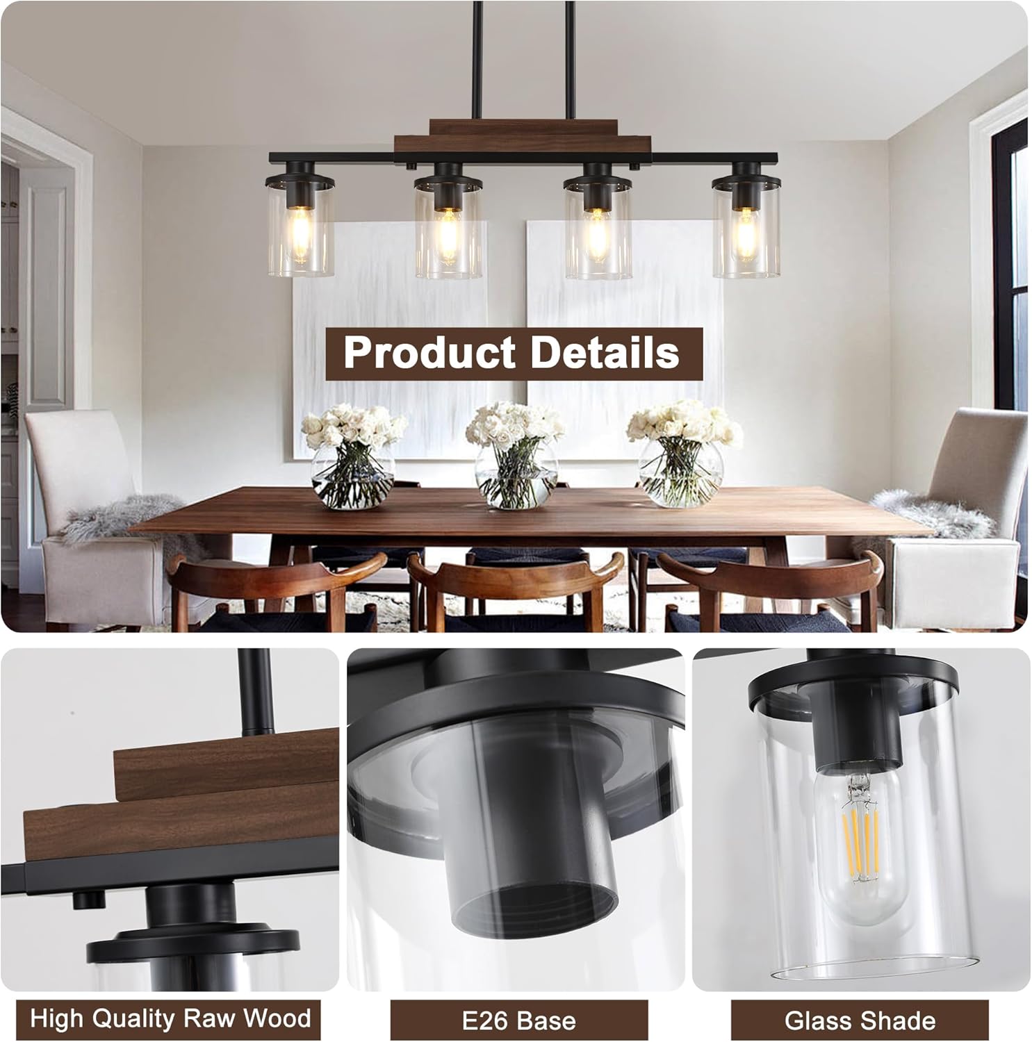 Pendant Lights Kitchen Island, 4-Light Farmhouse Chandeliers for Dining Room, Black Linear Chandelier with Clear Glass Shades, Modern Rustic Wood Chandelier with Adjustable Height