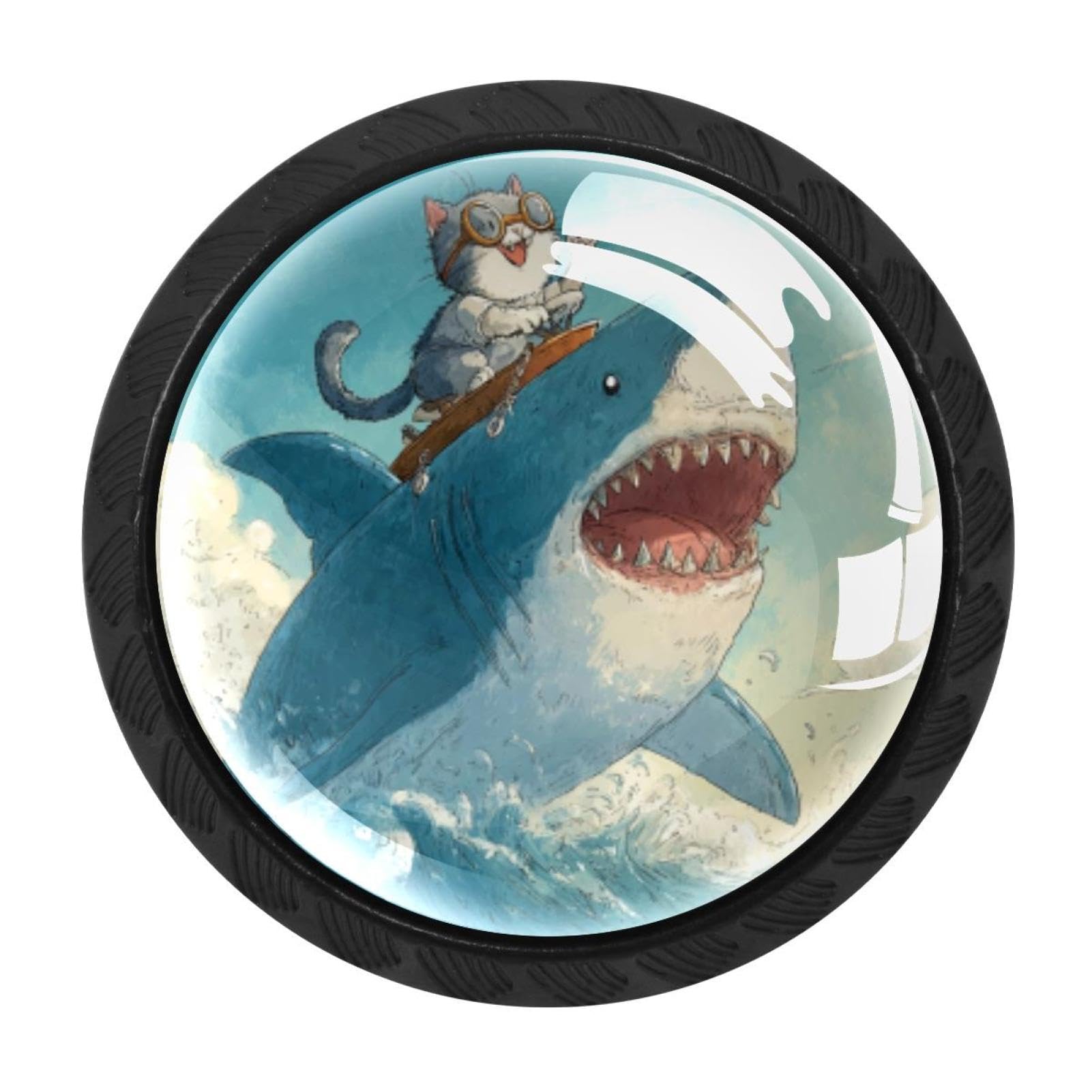 CHENZZZZ 4 Pieces Dresser Knobs Funny Cat Riding Shark Ocean (1) Drawer knobs Cabinet Knobs Pull Handles for Home Kitchen Office