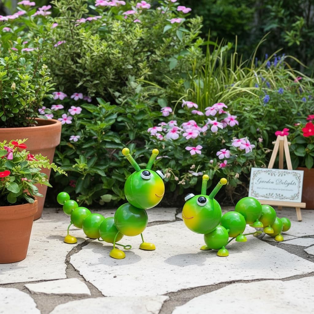 Cruis Cuka Metal Caterpillar Statue Yard Art Garden Decor for Outside Patio Lawn Ornaments Fence Decorations Gift for Family,Friends,Garden Lovers - Set of 2(Green)