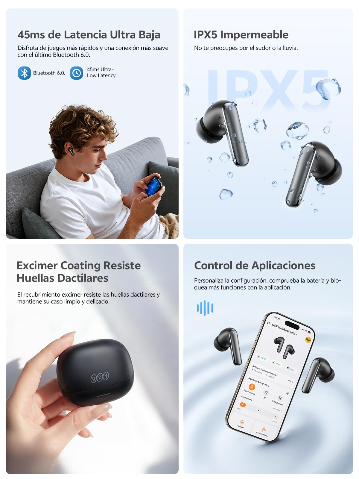 QCY Melobuds N65 Auriculares Inalámbricos Blueooth, Cancelación de Ruido Adaptativa AI, 60dB ANC Hi-Res Sonido, Audio Bluetooth 6.0 Auriculares, 8 Micrófonos ENC Clear Call Ear Buds,50 Horas,IPX5
