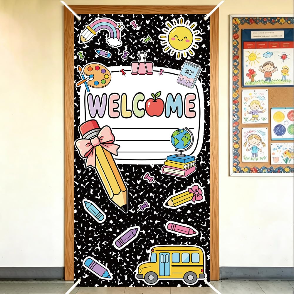 PRESSINART Composition Notebook Door Cover 71 x 35 Inch Welcome Back to School Door Banner Hanging Polyester Backdrop Cover Decorations for Wall Porch Indoor Outdoor Classroom Graduation Party Supply