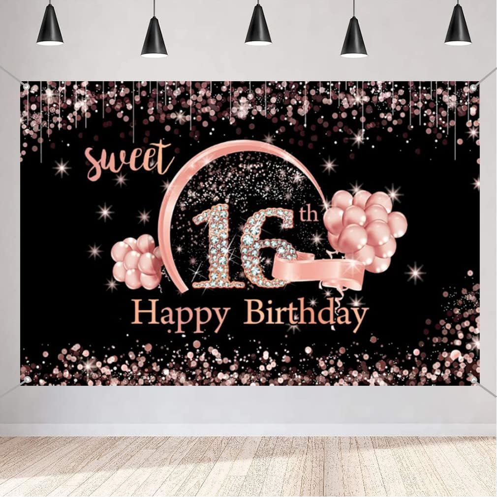 Sweet 16 Birthday Decoration for Girl, Happy 16th Birthday Backdrop Banner, Sweet 16 Fabric Sign Poster Party Supplies, Black and Rosegold Photography Background, 150x90cm