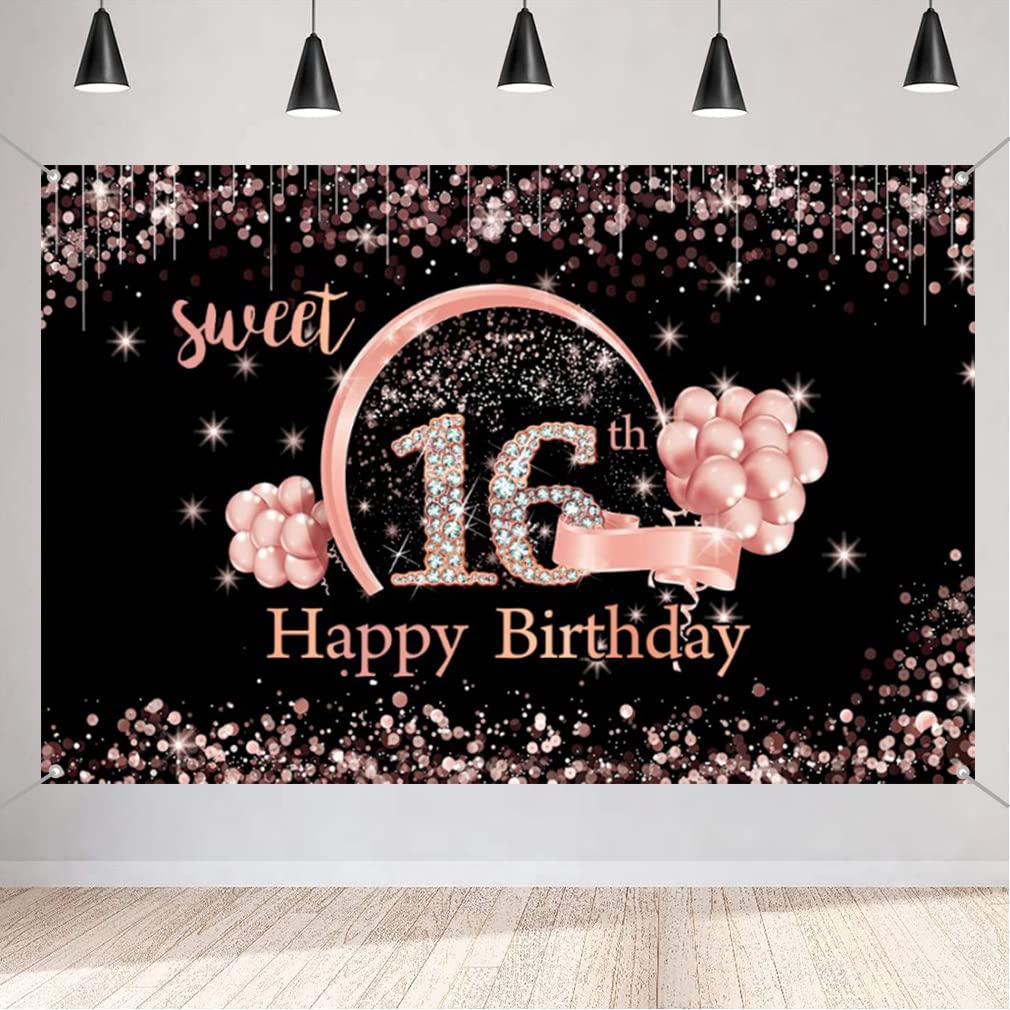 Sweet 16 Birthday Decoration for Girl, Happy 16th Birthday Backdrop Banner, Sweet 16 Fabric Sign Poster Party Supplies, Black and Rosegold Photography Background, 150x90cm