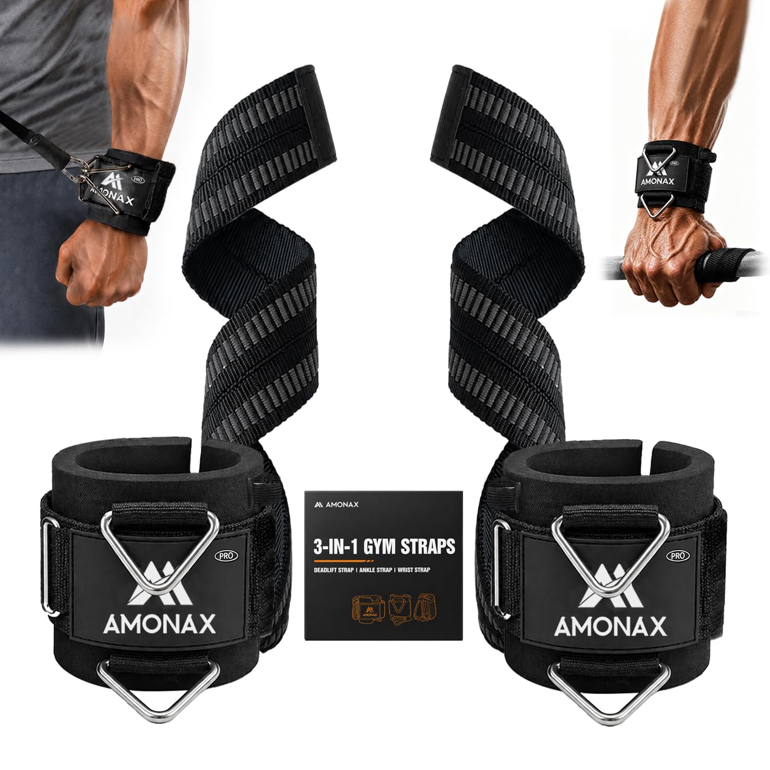 Amonax 3-en-1 correas de levantamiento de pesas, correas de tobillo para máquinas de cable, brazaletes de gimnasio acolchados para máquinas de cable, correas de fitness con anillo en D triangular y