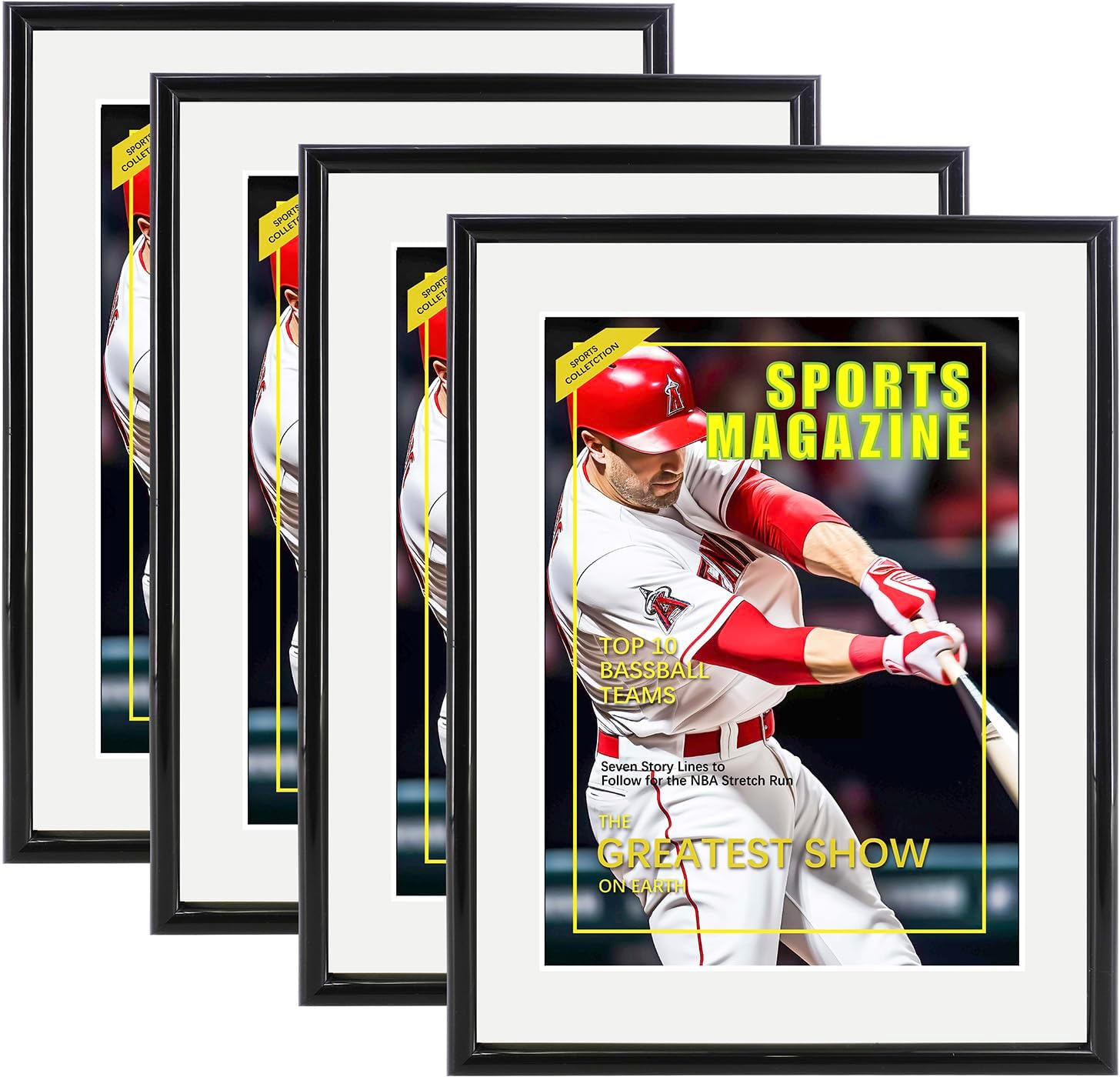 4 Packs Sports Magazine Frame Fits Measuring 8.5 x 11.25 Inch Magazine Display Frame with White Core Matting and Installed Hangers for Wall Hanging