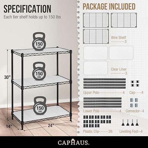 Miniatura 3 de CAPHAUS NSF Estantería de alambre ajustable negra con forro, estantería de almacenamiento de sótano, estantes de almacenamiento de acero metálico,