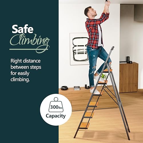 Miniatura 10 de Escalera de 5 peldaños con peldaños anchos, escalera ligera portátil con asa, escalera plegable de aluminio con pies antideslizantes, fácil de