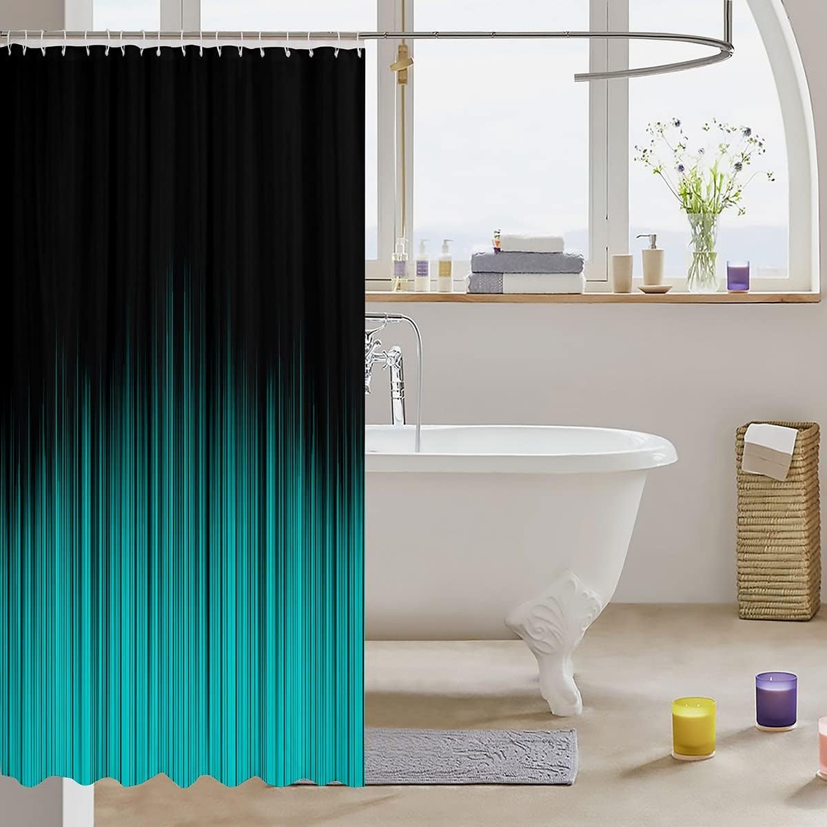 Feelyou Abstract Ombre Shower Curtain Kids Teens Teal and Black Girls Fabric Shower Curtain Room Decor Fashion Modern Women Bathroom Waterproof Accessories with 12 Hooks,72x72 Inches image 3