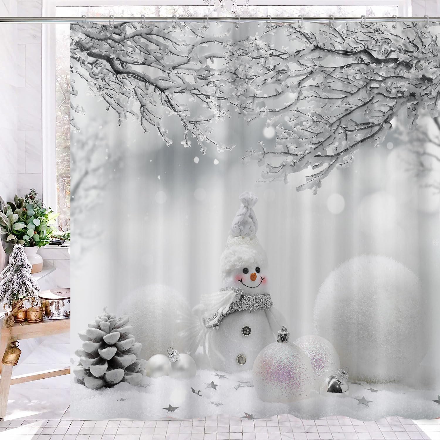 GOAOK Christmas Snowman Shower Curtain, Cute Snowman Balls Snowflake in Grey Winter Snow Forest Decorative Shower Curtain Set, Xmas Holiday Gray Shower Curtain 12 Hooks Included Polyester 72"X84"Inch