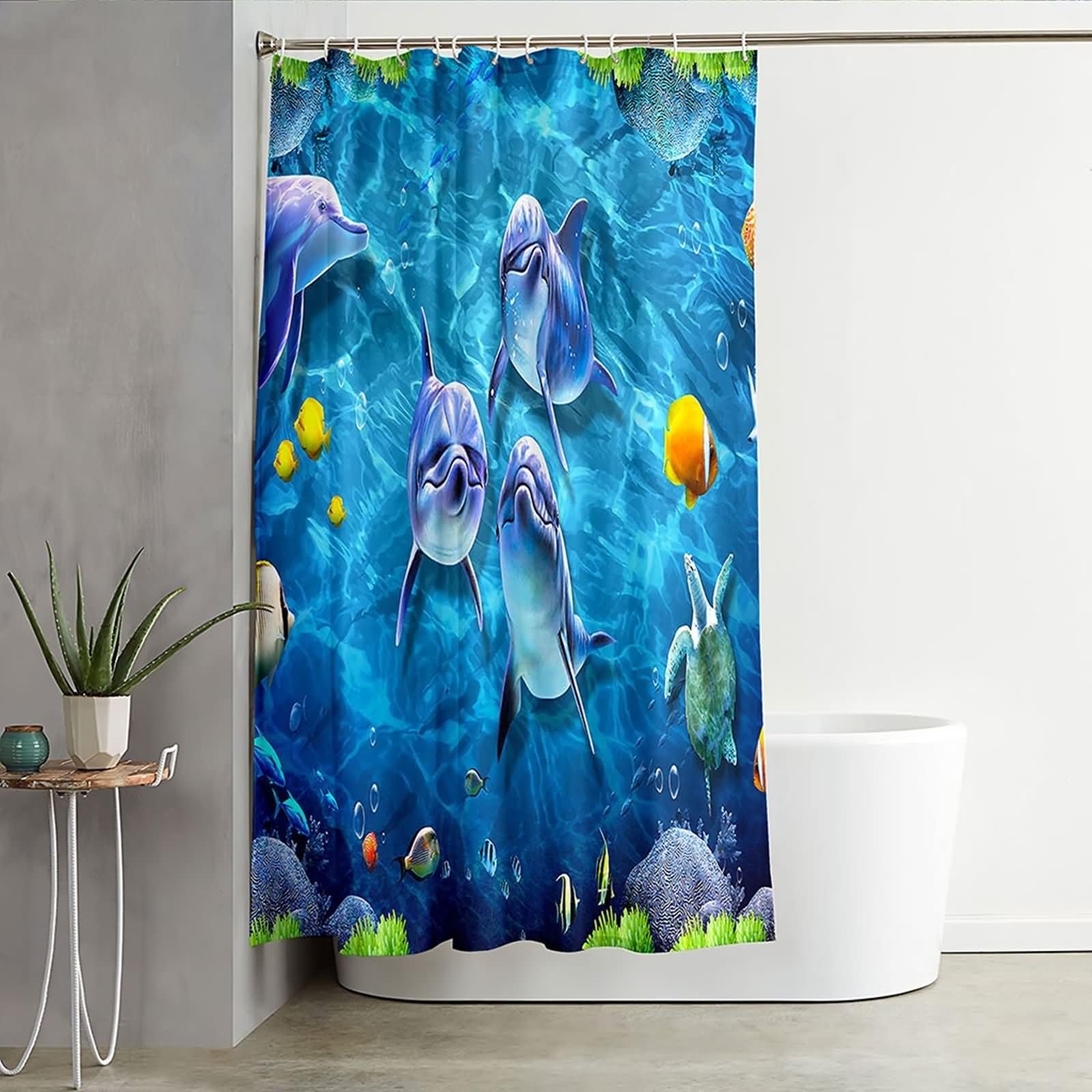 Duschvorhang 180X200, Duschvorhang Textil Waschbar Blau Delphin und Fisch Haushaltsduschvorhang