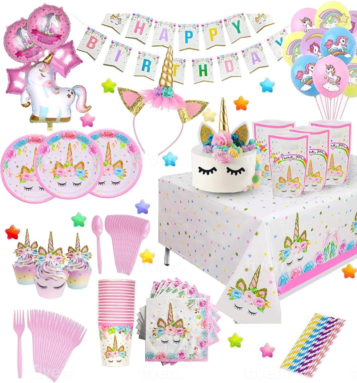 Unicorn Party Decorations and Supplies, 179 Pc. Set, Colorful Happy Birthday Theme for Girls with Banner, Balloons, Favor Goody Bags, Napkins, Utensils, Cups, and Cute Tiaras for Kids