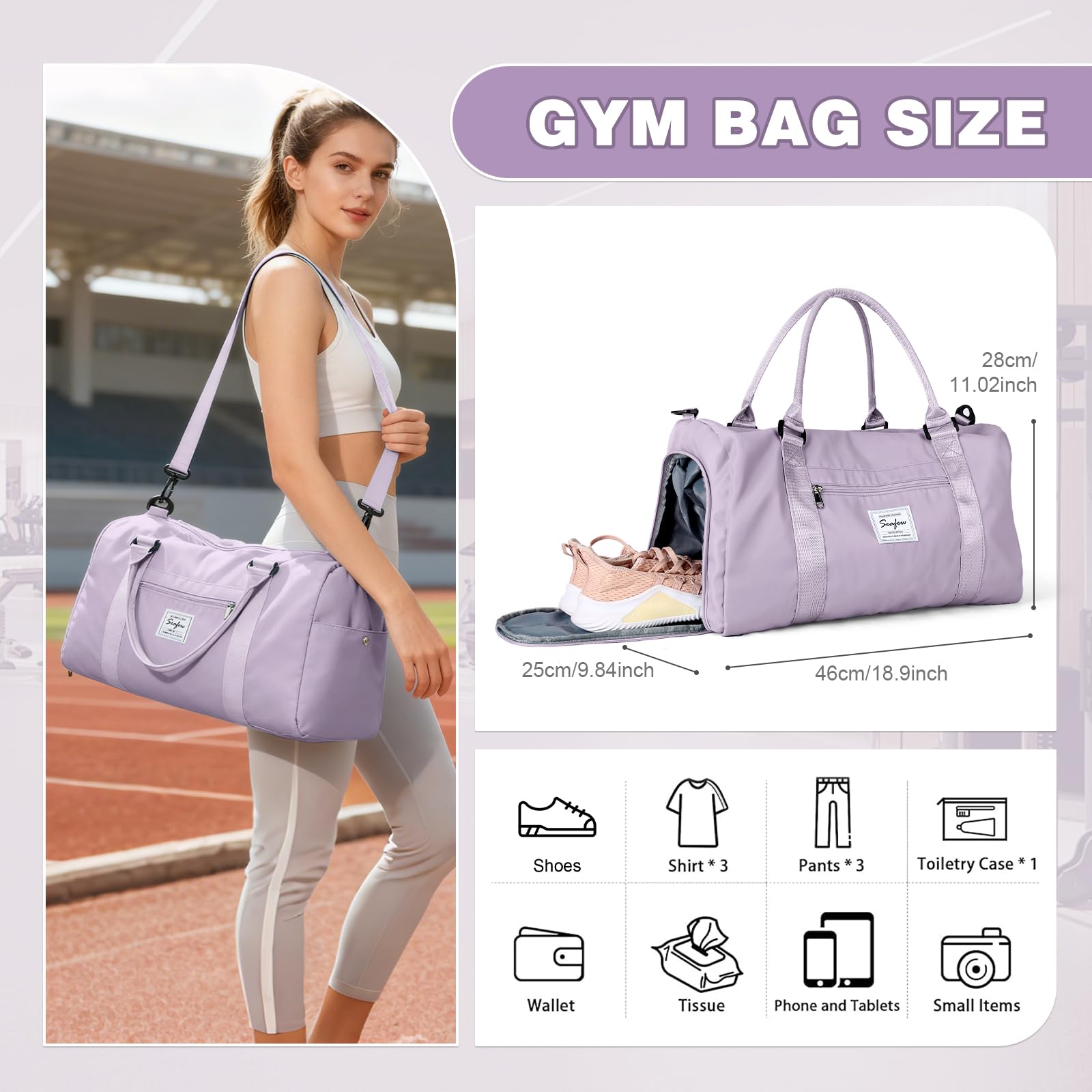 Sac de Sport Femme Homme Léger avec Compartiment Chaussures Poche Humide Duffle Bag Violet A11