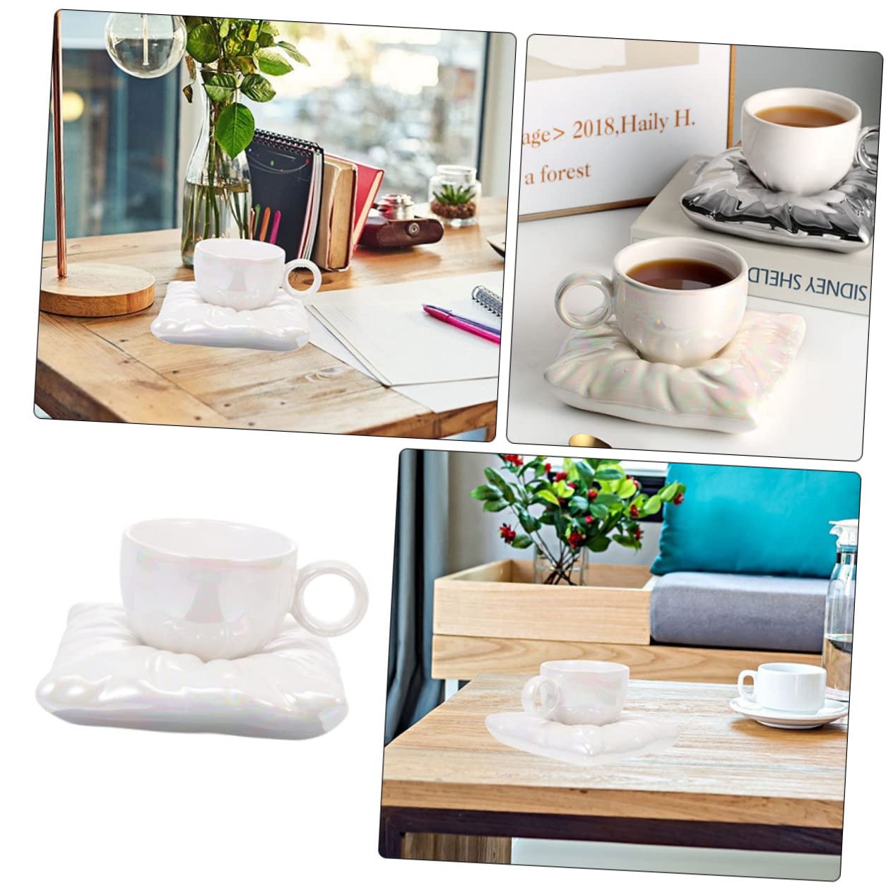 IMIKEYA Taza de Café Doméstica 200ml de Cerámica con Bandeja | Color Blanco, Forma de Almohada, Uso Diario y Mesa de Café, Incluye Posavasos