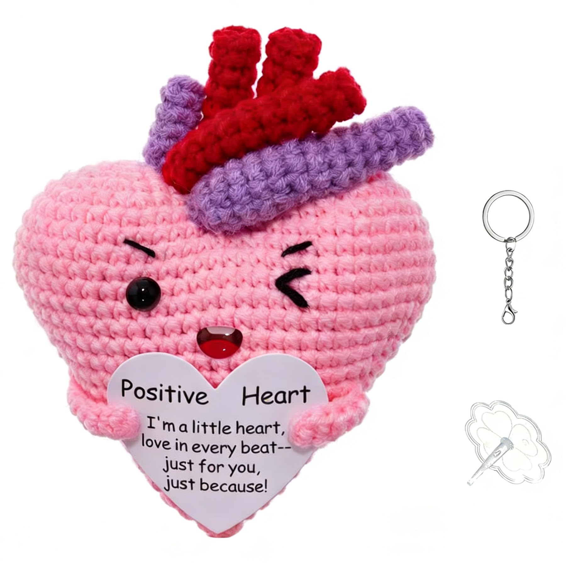 Emotional Support Positive Crochet Heart Handmade Gift and Desk Decor, Encouragement Present for Women Mother's Day Birthday Valentine's Day Galentines Multiple Holidays(Positive Heart)