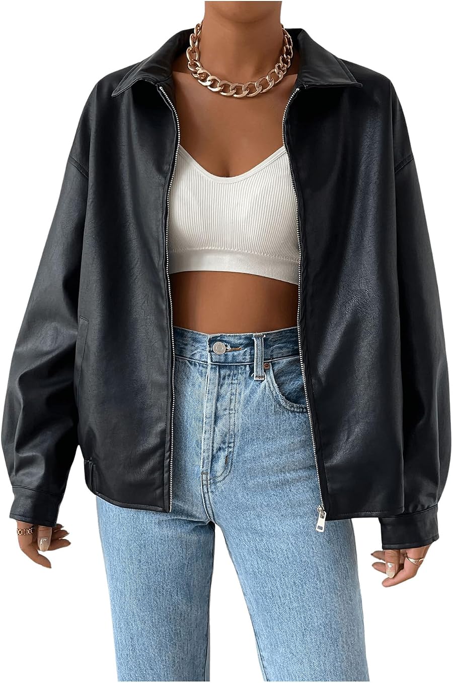 MakeMeChic Women's Faux Leather Jacket Motorcycle Biker Shacket Coat